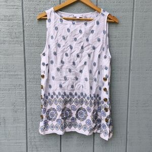 J Jill Love Linen Floral Boho Button Down Sides Tunic sz M Ivory Blue Beach Boh